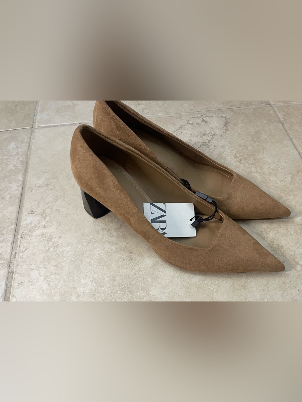 NWT-Zara Suede Tan Pointed Toe Block Heels - Picture 4 of 11